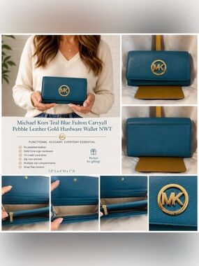 Michael Kors Fulton Carryall Teal Pebbled Leather Wallet NWT Gold Logo